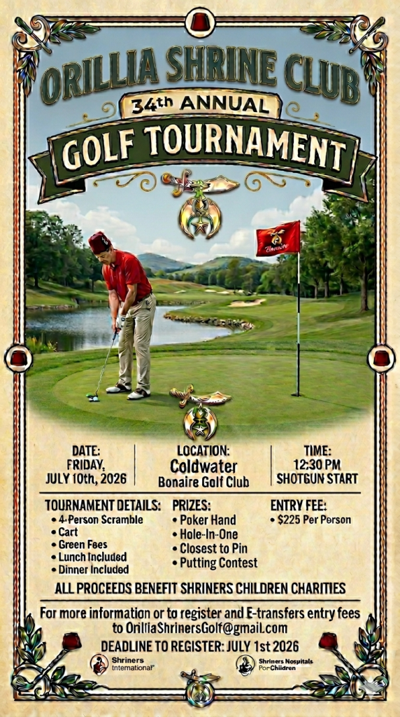 The highly anticipated Orillia Shrine Club's annual golf tournament is back for its 34th year. Get your teams together and registered today for this can't miss event with a chance to win $25,000 for a hole in 1 proudly sponsored by Ben's Pharmacy!